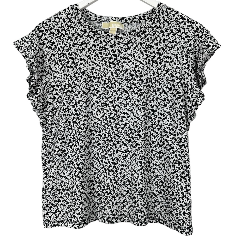 Michael Kors Black White Ditsy Floral Ruffle Sleeve Top Blouse Size Medium